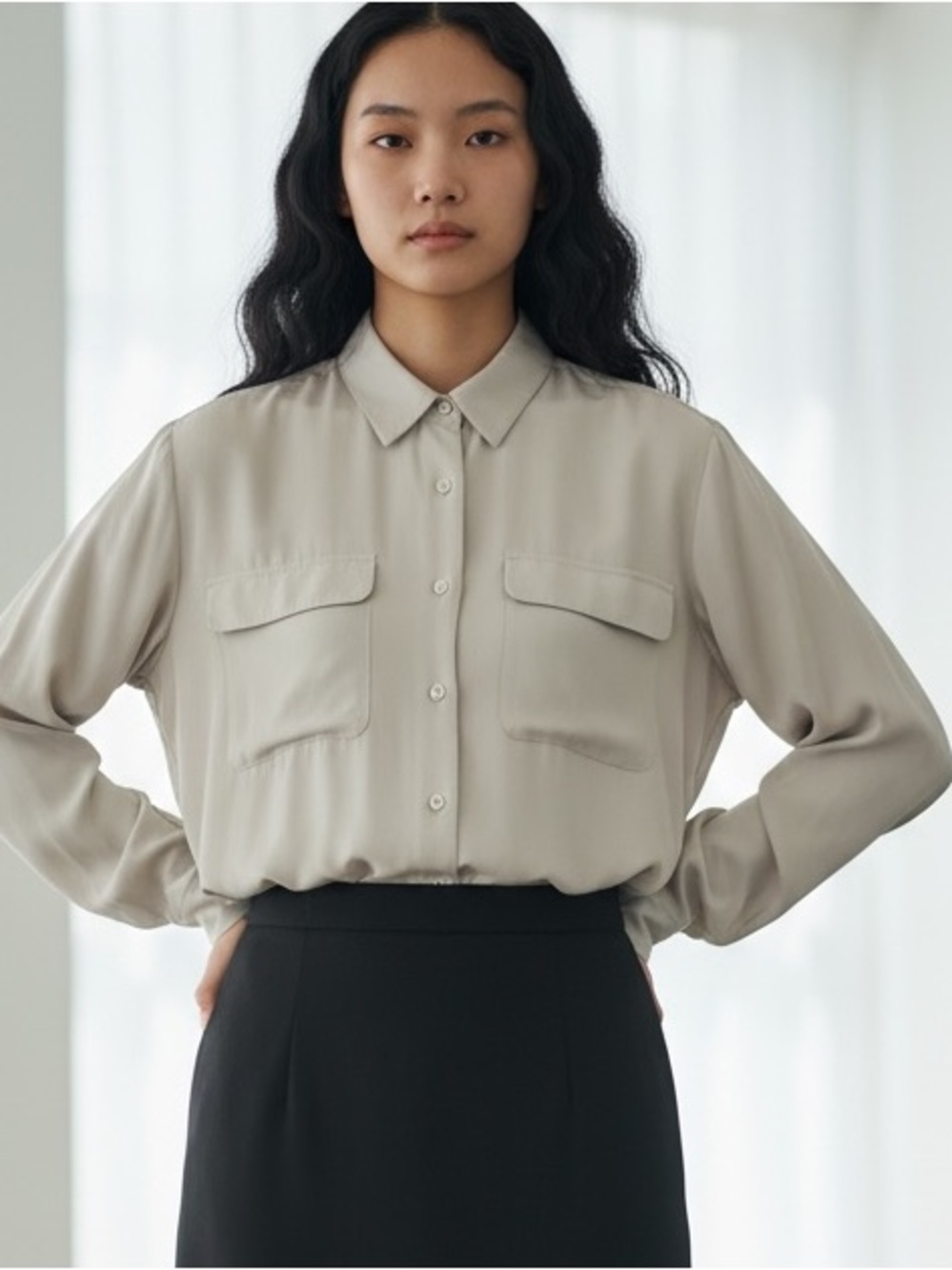 Revelle Vintage Classic Silk Women's Utility Shirt Beige Office Quiet Luxury
